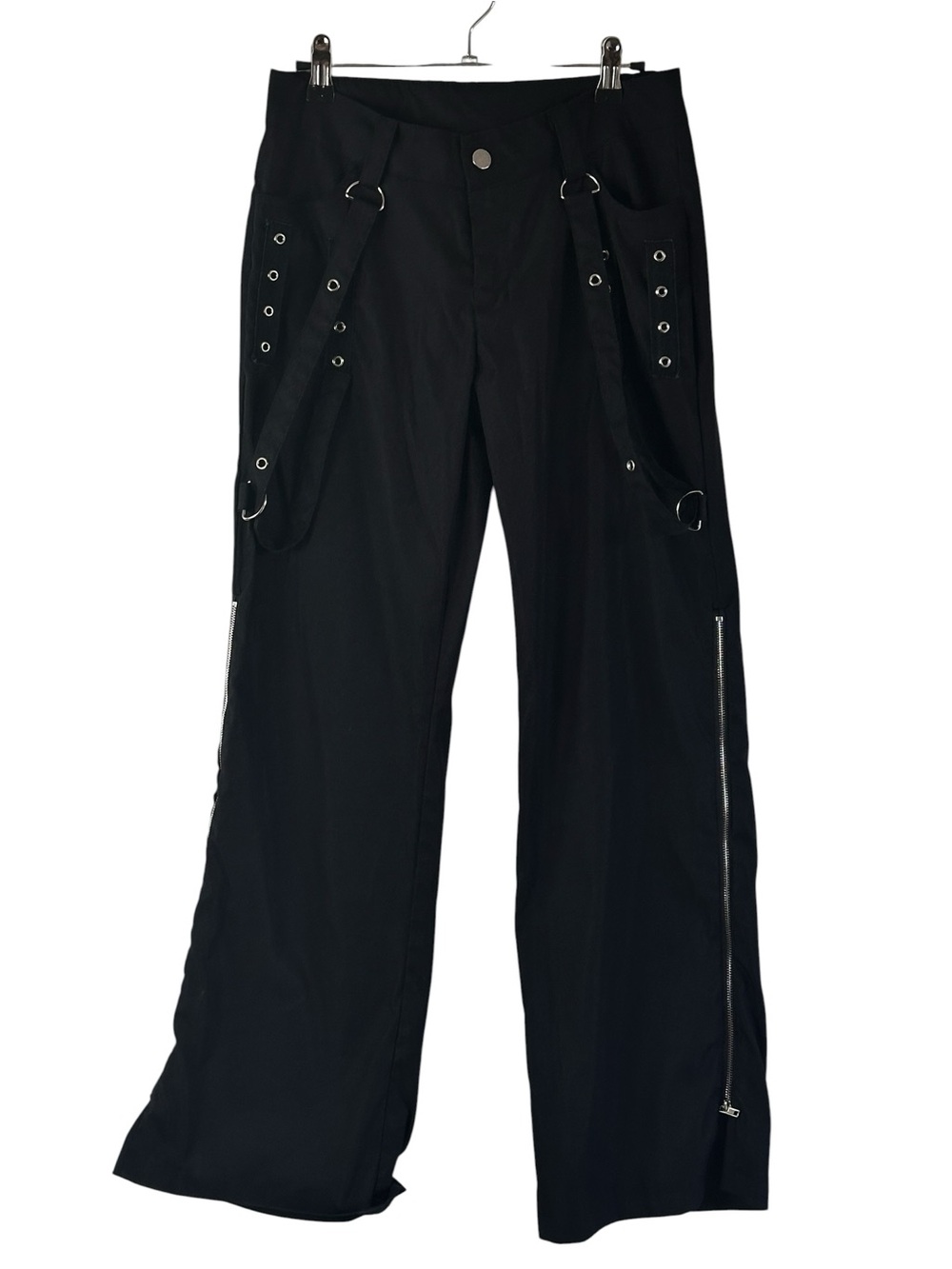 Women’s Y2K Black Bondage Cargo Pants Size L Cyber Goth Rave Wide Leg